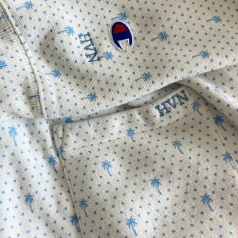 Champion HVN White Blue Palm Tree Sweatsuit Sweats and Sweatshirt Set Small